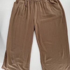 Umgee Pants Wide Leg Frayed Hem Size 1XL Beige Linen Cotton Lagenlook Boho Beach
